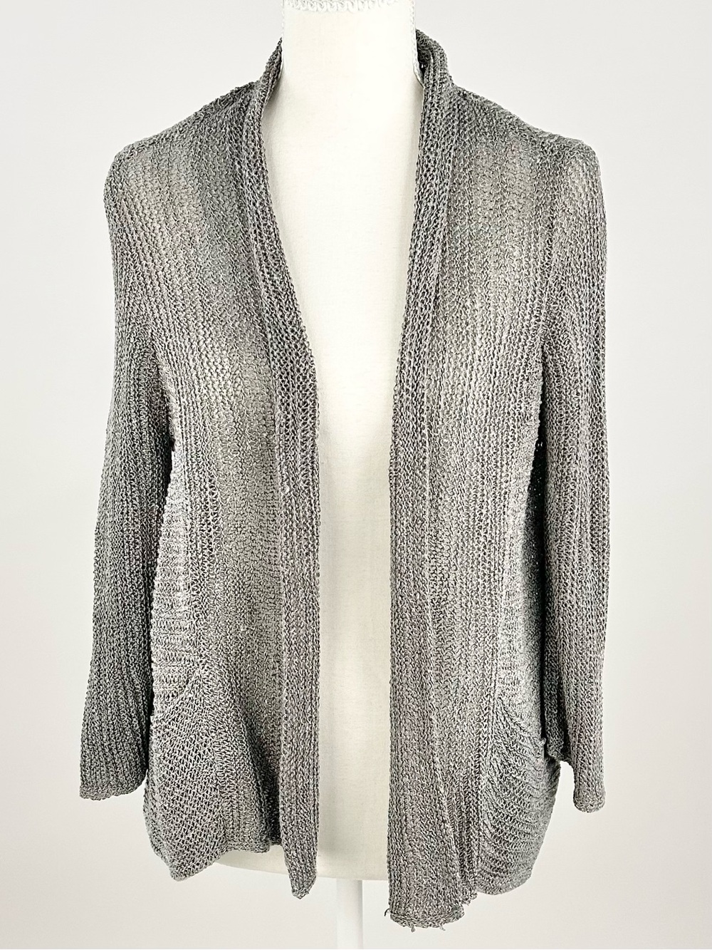 Eileen Fisher Variegated Linen Silk Open Knit Cardigan Gray XS